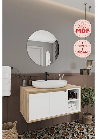 Gül Beyaz 90 Cm Banyo Dolabı Ayna Lavabo Beyaz