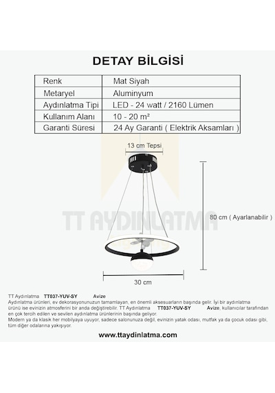Tt037-yuv-sy Tt Ayd. Yuvarlak Mat Siyah Tek Toplu 3renk Led Avize Siyah