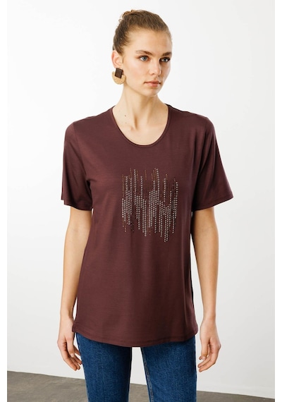 Desen Kadın Sıfır Yaka Taş Baskılı Penye T-shirt Desen Kadın Sıfır Yaka Taş Baskılı Penye T-shirt
