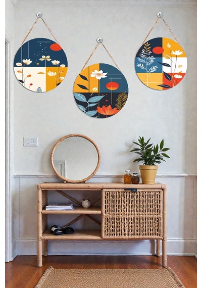 3 Lü Boho Tarz İpli Ahşap Duvar Tablo Seti, Salon Yatak Odası Modern Dekor