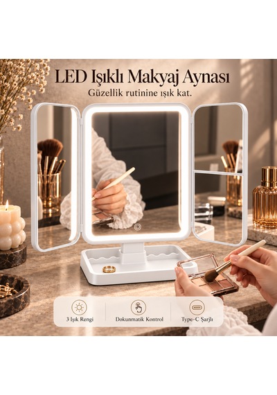 Tilbe Home Led Işıklı Makyaj Aynası Renkli Dokunmatik Büyüteçli Şarjlı Katlanabilir Masaüstü Stüdyo Ayna Beyaz