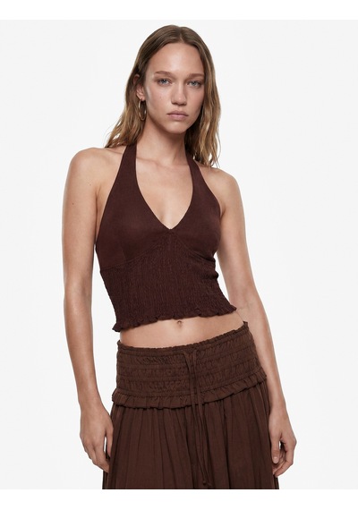 Koton Keten Karışımlı Halter Yaka Boyundan Bağlamalı Gipeli Crop Top Kahverengi 6sal30008ıw Kahve