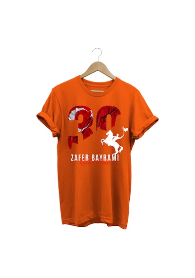 Atatürk 30 Ağustos Zafer Bayramı Bayrak Baskılı %100 Pamuk Regular Fit Turuncu T-shirt Turuncu