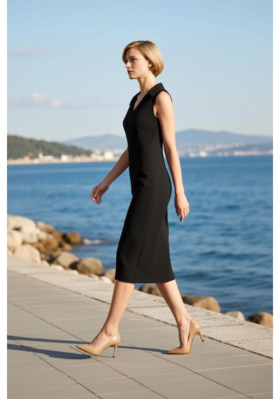 Benerly Kadın Midi Elbise V Yaka Detaylı Kolsuz Kalıp Dokuma Kumaş Astars Siyah