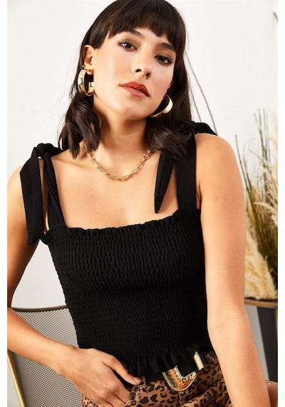 Aqe Fashion Kadın Siyah Askılı Crop Bluz Siyah