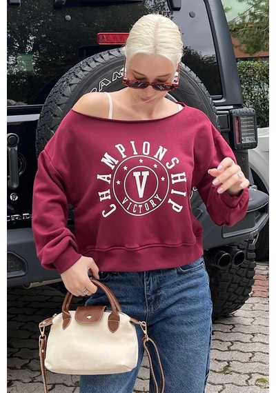 Bordo Kayık Yaka Baskılı Kadın Sweatshirt Mg2205