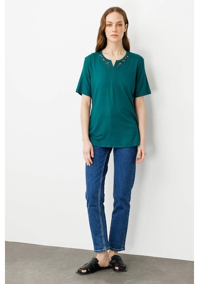 Desen Triko Kadın Açma Yaka Nakış İşlemeli T-shirt 25703 Yeşil Yeşil