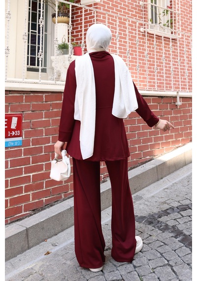 Balenbi Kadın Oversize Kesim Beli Pileli Ful Fermuarlı Modal Takım 1235 Bordo