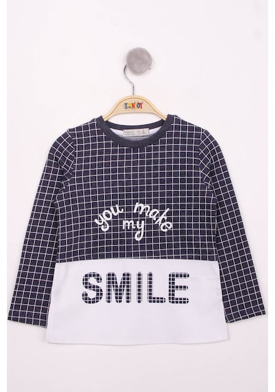 Toontoy Kids Toontoy Kız Çocuk Kareli Kumaşlı Smile Baskılı T-shirt Lacivert