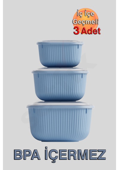 İç İçe Geçmeli Snaplid Kare Saklama Kabı 600 - 1100 - 1800 Ml Üçlü Set Mavi