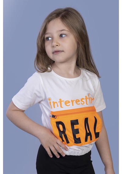 Toontoy Kids Toontoy Kız Çocuk Crop Model Cebi Reflektör Detaylı Baskılı Tişört Ekru