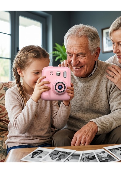 Çocuk Fotoğraf Makinesi Hd Ekranlı Baskı Kağıdı Kalem Hediye Pembe