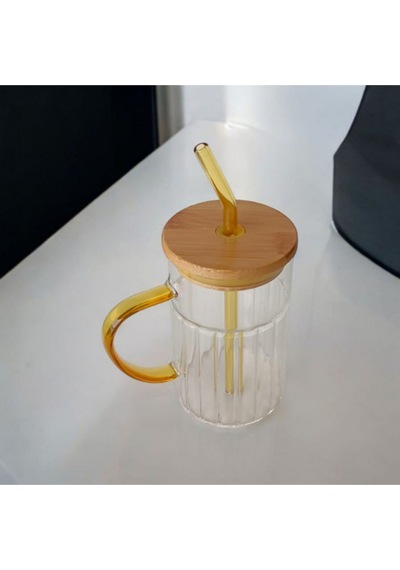 Bambu Kapaklı Cam Pipetli Kupa 420 Ml Sarı