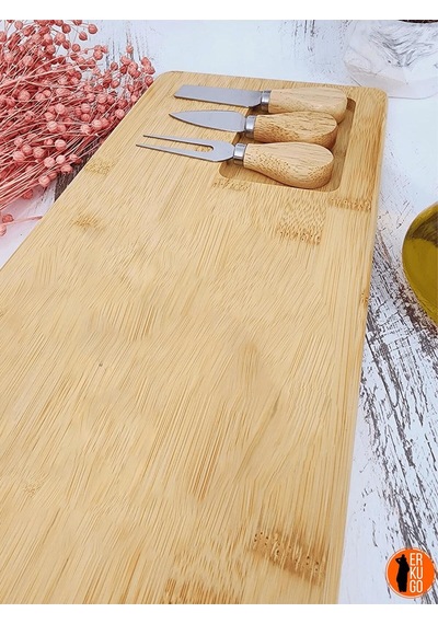 4 Parça Bambu Peynir Sunum Tahtası Ve Çatal - Spatula - Bıçak Seti, Peynir Kesim Panosu, Sunum Seti Bambu