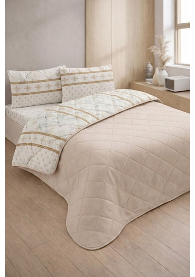 Formeya Kapitoneli Çift Kişilik Desenli Pike - Yatak Örtüsü Takımı 200x230 Cm - 2 Adet Yastık Kılıflı Bej