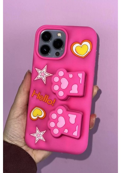Caş Dekorasyon Pembe Renk Pati Figürlü 13 Pro Max Telefon Kılıfı Pembe