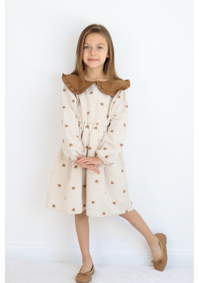 Miababy Yakalı Keten Elbise 1-8 Yaş Kahverengi