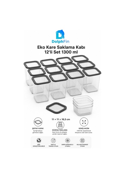 Kare Saklama Kabı 12'li Set 1300 Ml Siyah