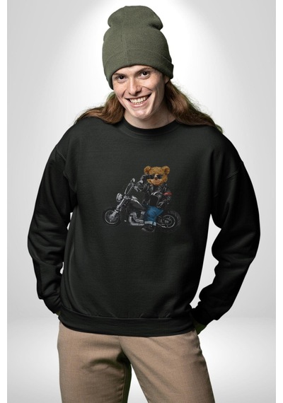 Kask Güneş Gözlüğü Motor Ayı Unisex Siyah Baskılı Sweatshirt Siyah
