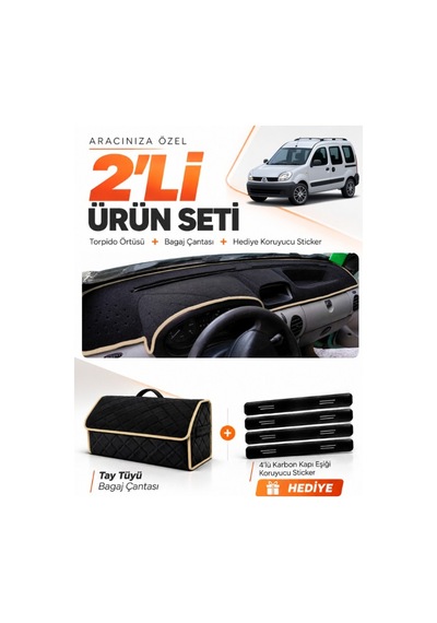 E-biz Renault Kangoo 2 Airbagsiz 2004-2008 Uyumlu Torpido + Tay Tüyü Çanta - Siyah-bej - Re026