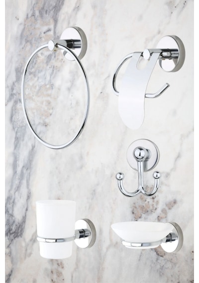 MultiStore 5li Banyo Aksesuar Seti Halka Havluluk/Tuvalet Kağıtlığı/Askılık/Sabunluk/Diş Fırçalık Gri