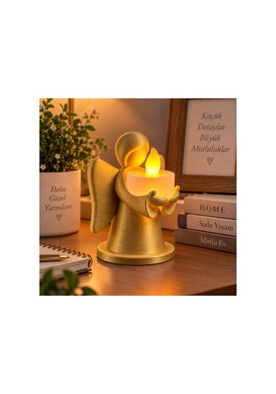 Dekoratif Melek Mumluk Led Pilli Mum Hediyeli 3d Baskı Masa Ve Ev Dekoru 10x8 Cm - Gold Açık