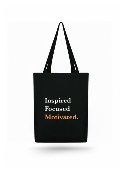 Lunora Collection Inspired Focused Motivated Baskılı Körüklü Kanvas Bez Çanta Siyah
