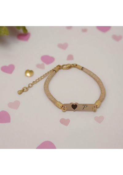 Archin P Harfine Özel 14 Ayar Altın Plakalı Kalp Motifli Hasır Kordonlu Hediye Bileklik-414harf P