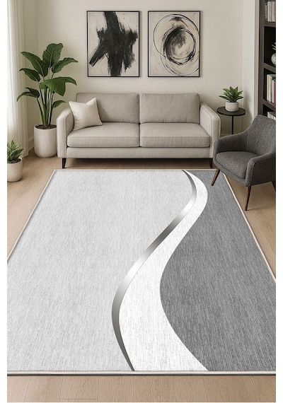 STY Home Gri Dijital Baskı Halı Kaymaz Tabanlı Yıkanabilir Halı Yolluk Salon Halısı136