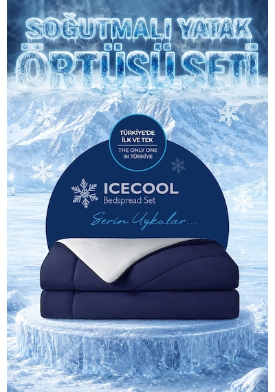 Soğutmalı Yatak Örtüsü Seti Tek Kişilik Soğuk Icecool 2 Parça Çift Taraflı Lacivert Gri