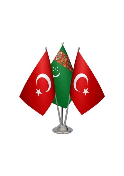 Masa Üstü Türkmenistan Bayrağı Türk Bayrağı Üçlü Krom Direk Masa