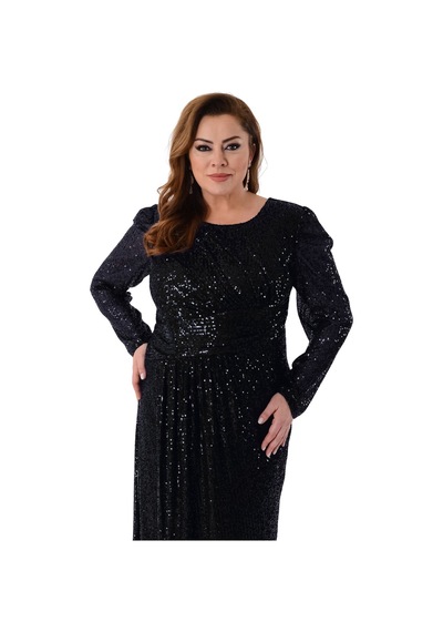 Lilas Xxl Kadın Büyük Beden Full Pul Payet İşlemeli Uzun Abiye Elbise 2482 Siyah Siyah