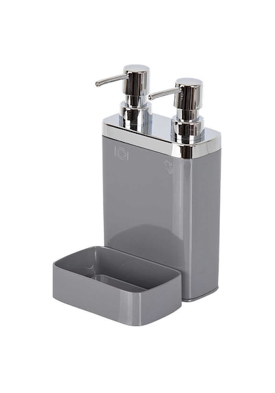 Gri Sünger Hazneli Mutfak Sıvı Sabunluk 300 Ml Ve Bulaşık Deterjanlık 500 Ml Gri