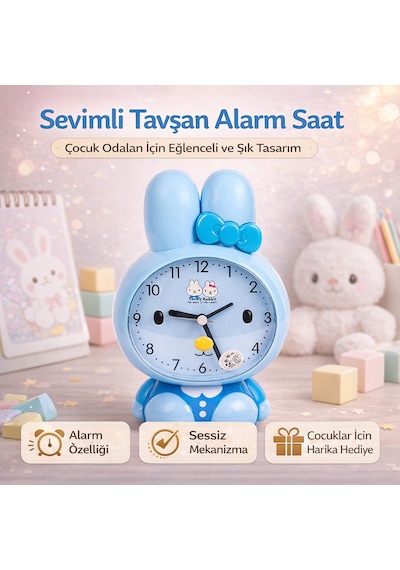 Tavşan Figürlü Masa Saati Bebek Mavisi