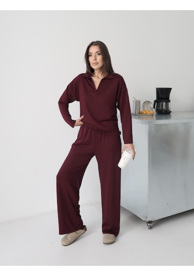 Paw Garage Kadın Lora Modal Polo Yaka Alt-üst Takım Bordo