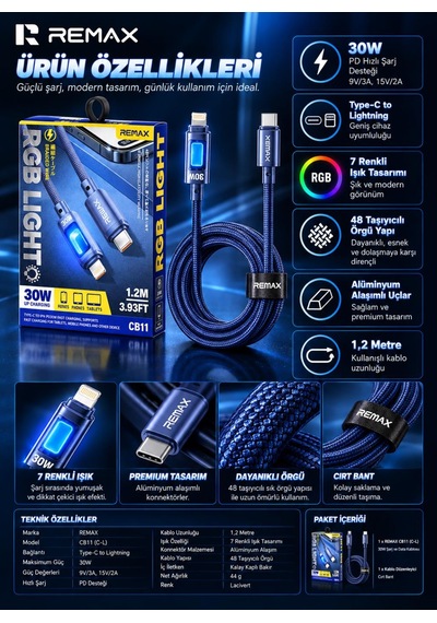 Remax Cb11-cl 30w Pd Type-c To Lightning 7 Renk Led Işıklı Örgülü Hızlı Şarj Ve Data Kablosu 1.2 Metre Lacivert