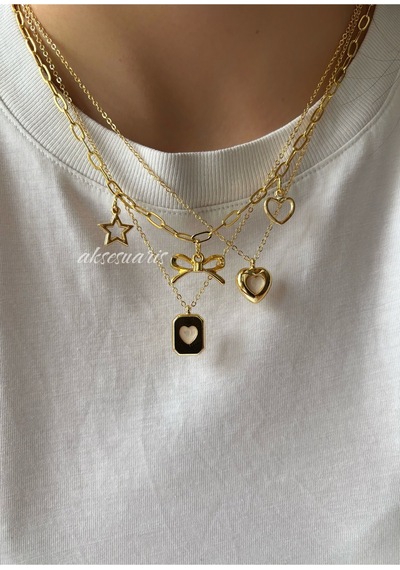 3'lü Gold Kalp Yıldız Kurdele Charm Kolye Set Sarı Sarı
