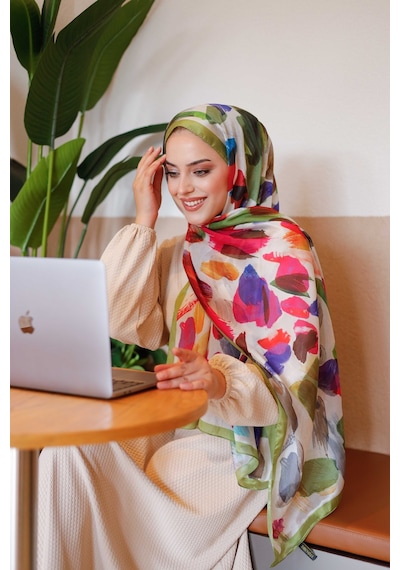 Mimiyum Nayf İpek Şal Pastel Desen - Yağ Yeşili