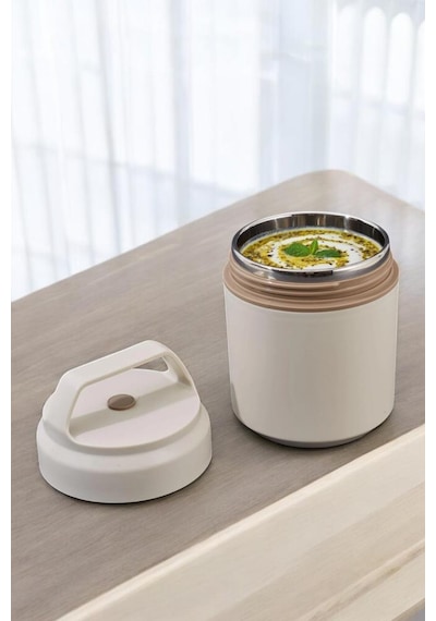 Digithome Bento Taşınabilir Paslanmaz Çelik Yemek Kabı Termosu Lunch Box Yuvarlak Bej 420ml
