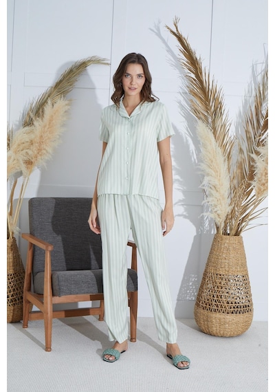 Sevim Kadın Kısa Kol Önden Düğmeli Su Yeşili Pijama Takım C6t2n951 001