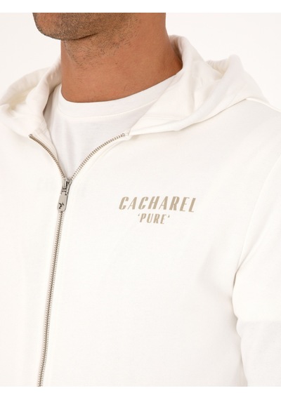 Ekru Regular Fit %100 Pamuk Tam Fermuarlı Kapüşonlu Sweatshirt Bej