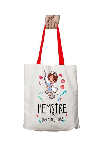 Art Hediye Kırmızı Kulplu Kişiye Özel Hemşire Yıkanabilir Omuz Çanta Çok Renkli