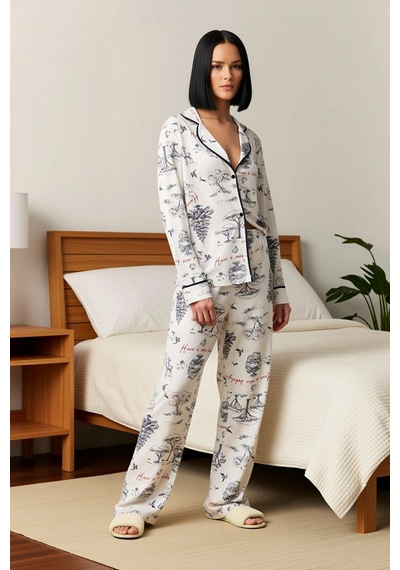 Benerly Kadın Gömlek Yaka Uzun Kollu Regular Kalıp Pijama Takımı Fonksiyo ekru