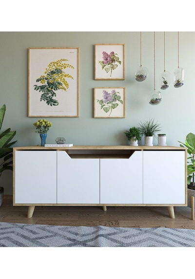 Roma Ahşap Ayaklı Modern Konsol Safir Meşe - Beyaz Roma Ahşap Ayaklı Modern Konsol Safir Meşe - Beyaz