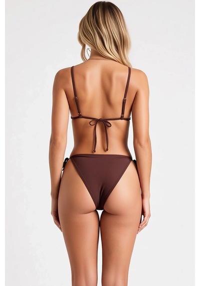 Benerly Kadın Bikini Takımı Üçgen Kap Aplike Detay Bağlamalı Slip Alt Kap Kahverengi