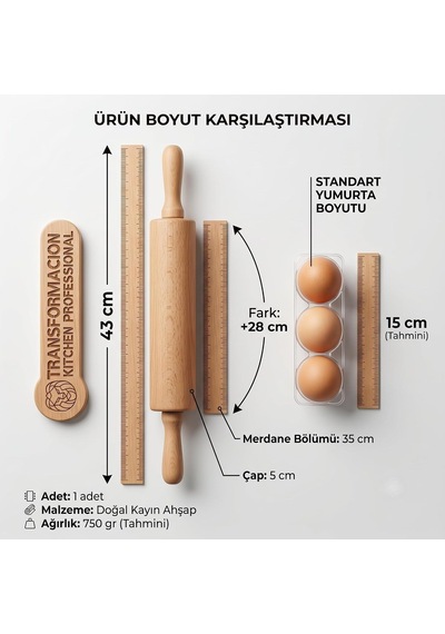 Transformacion Professional Dönerli Ahşap Merdane 43 Cm, Ergonomik Şef Tipi Hamur Açma, Profesyonel Pizza, Börek Ve