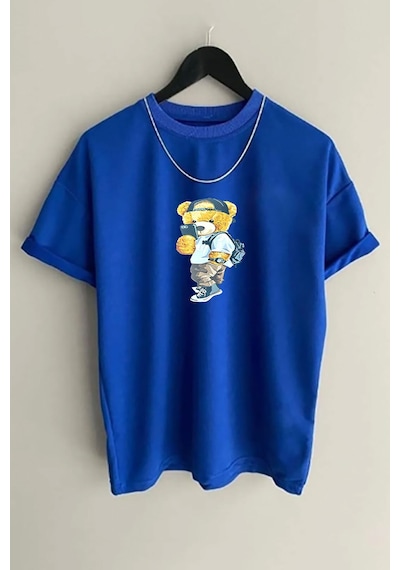 Medinenur Unisex Peluş Ayı Baskılı Bisiklet Yaka Tshirt Mavi