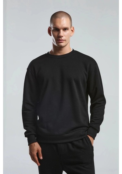 Erkek Bisiklet Yaka Uzun Kol Basıc Sweatshirt Siyah Çok Renkli
