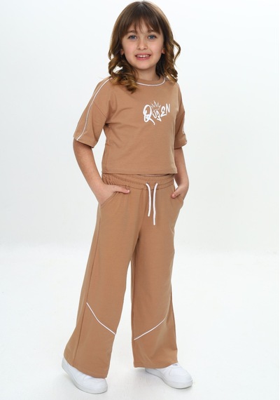 Toontoy Kids Toontoy Kız Çocuk Queen Baskılı Crop Eşofman Takım Kahve