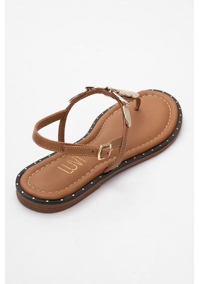 Luvishoes Luvi Shoes Marea Taba Hakiki Deri Parmak Arası Gold Tokalı Kadın Sandalet Taba